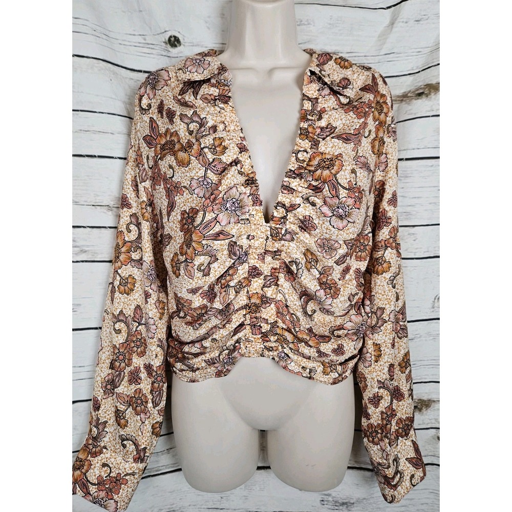 Free People Fall Floral Ruched Top M Long Sleeves Deep V-Neck Boho Festival